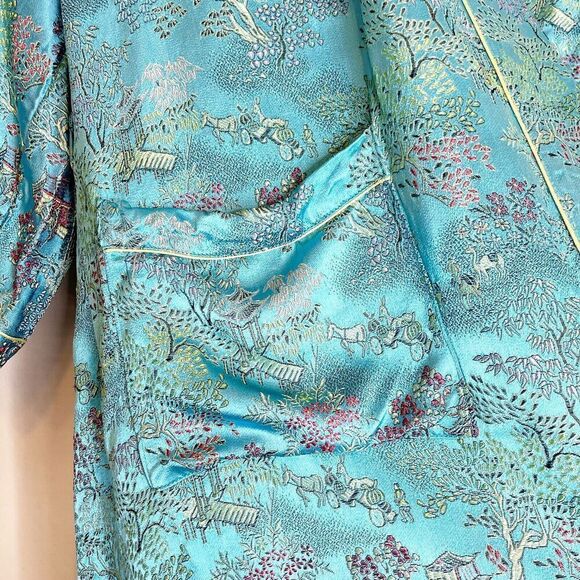 Peony Brand Girls Kimono Size 14 Turquoise Blue Asian Brocade Robe Embroidered - Picture 6 of 6